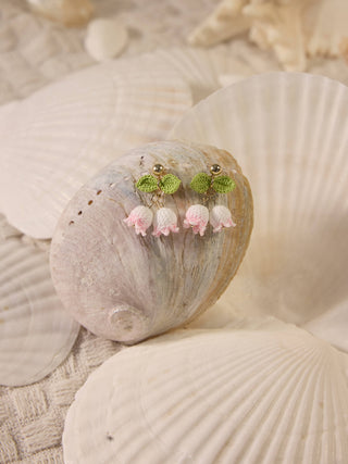 Pink Blue bell with leaves Micro Crochet Earrings Lily of valley - Happy Vanilla Crochet