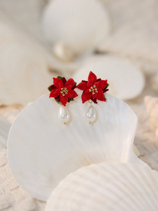 Poinsettia Christmas red flower Micro Crochet Earrings - Happy Vanilla Crochet