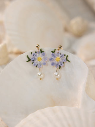 Blue Purple Daisy with pearl Micro Crochet Earrings - Happy Vanilla Crochet