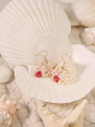 Red Pink flower with pearls round version micro crochet earrings - Happy Vanilla Crochet