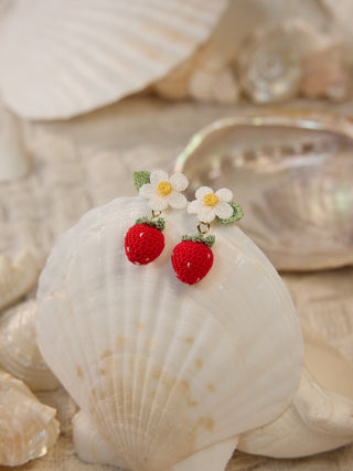 Strawberry with white flower Micro Crochet Earrings - Happy Vanilla Crochet