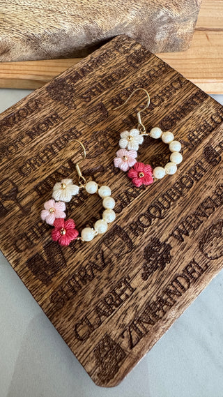 Elegant Burgundy Flower with pearl circle Micro crochet Earrings - Happy Vanilla Crochet