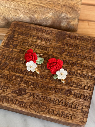 Elegant Burgundy Flower with pearl circle Micro crochet Earrings - Happy Vanilla Crochet