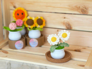 Blooming Joy: Whimsical Garden Collection in White Pot Crochet Plants - Happy Vanilla Crochet