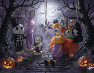 Handmade crochet Halloween amigurumi dolls in spooky forest with pumpkins at night