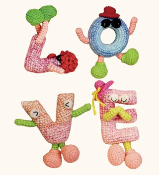 Handmade crochet LOVE letters with faces and colorful accessories, amigurumi home décor
