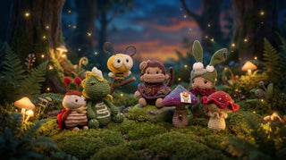 Handmade crochet amigurumi animals and mushrooms in a whimsical forest setting at dusk.