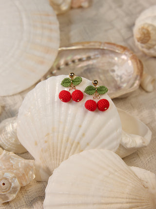 Small Cherries with leaves Cherry Micro Crochet Earrings
