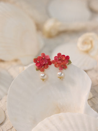 Red Sweet Alyssum with pearl Forget me not Micro Crochet Earrings