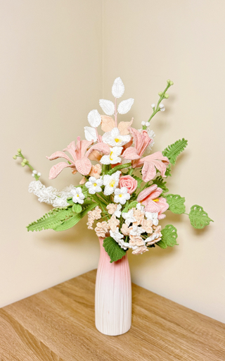 Handmade Crochet Blush Spring Garden Bouquet – Elegant Pink & White Floral Arrangement