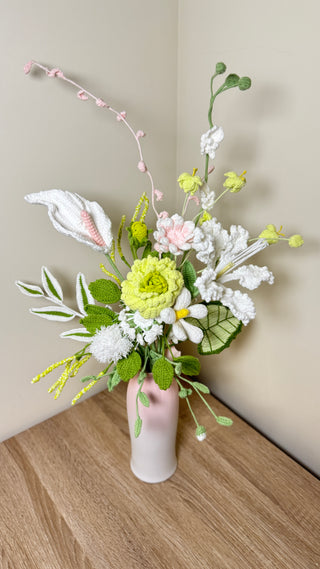Handmade Crochet Serene Garden Bouquet – Elegant White & Green Floral Arrangement