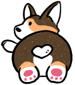Cute cartoon corgi facing away with heart-shaped patch and pink paw pads, crochet-inspired design