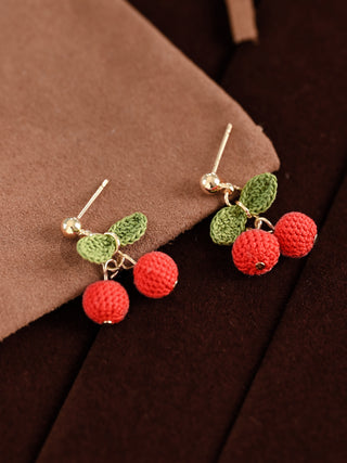 Small Cherries with leaves Cherry Micro Crochet Earrings