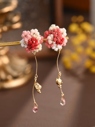 Blushing Bouquet Micro-Crochet Earrings with Crystal Dangle
