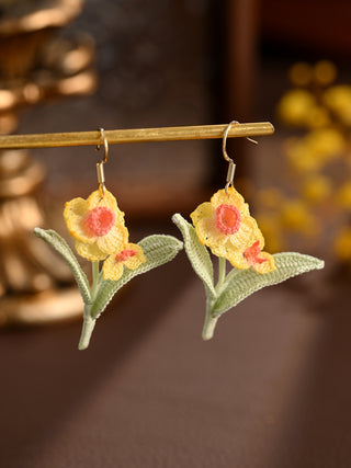 Dancing Narcissus Blossom Earrings – Hand-Crocheted Mini Flower Dangles