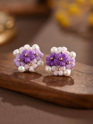Blooming Puff Flower Pearl Micro Crochet Earrings – Handmade Colourful Floral Studs