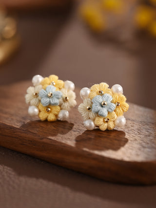 Blooming Puff Flower Pearl Micro Crochet Earrings – Handmade Colourful Floral Studs