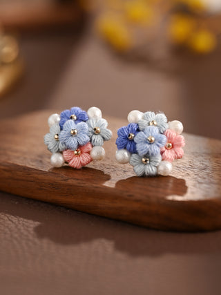 Blooming Puff Flower Pearl Micro Crochet Earrings – Handmade Colourful Floral Studs