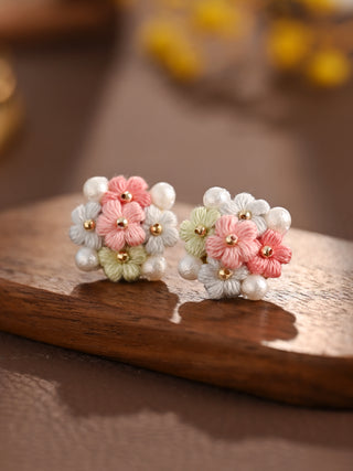 Blooming Puff Flower Pearl Micro Crochet Earrings – Handmade Colourful Floral Studs