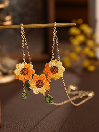 Triple Sunflower Micro Crochet Necklace – Handmade Blooming Statement Piece