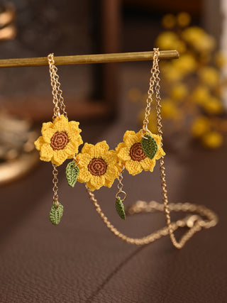 Triple Sunflower Micro Crochet Necklace – Handmade Blooming Statement Piece