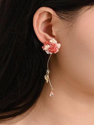 Close-up of a floral earring worn by a person with a neutral background