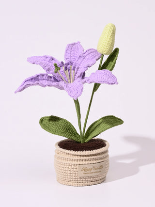 Handmade crochet purple flower in pot with green leaves and bud, amigurumi decor