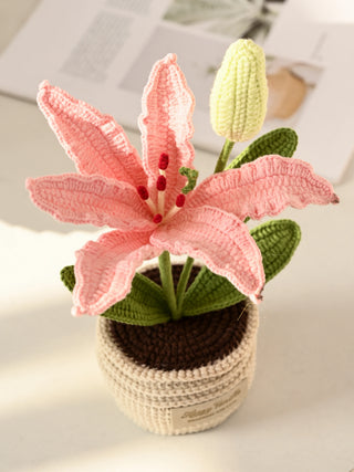 Handmade crochet pink lily in pot, amigurumi flower decor on a bright surface