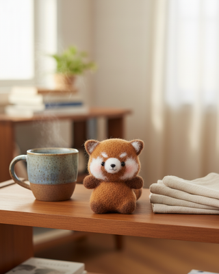 Handmade crochet red panda amigurumi plush on wooden table with mug and folded cloth, cozy room