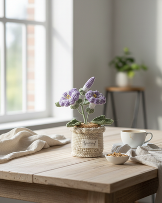 Handmade crochet purple flowers in a decorative pot on a wooden kitchen table