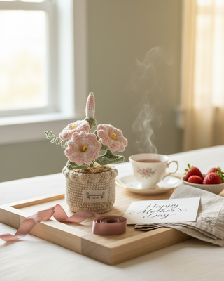 Handmade crochet flower bouquet in a basket on a tray with tea, strawberries, and Mother’s Day card