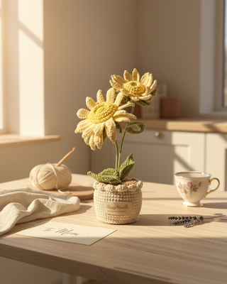 Handmade crochet sunflower in pot on wooden table with tea cup and yarn in sunlight