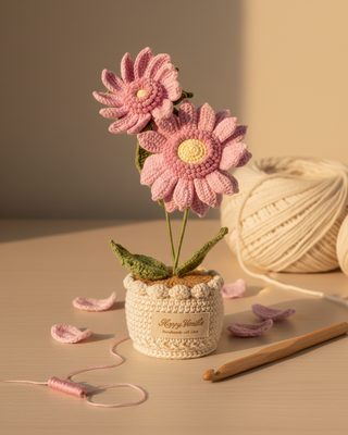 Handmade crochet pink flowers in a pot, with yarn and crochet hook on a wooden table