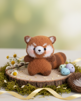 Handmade crochet red panda amigurumi plush displayed on wood with decorative eggs and flowers