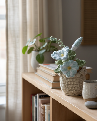 Handmade crochet flower arrangement in beige pot on wooden shelf beside books and mug
