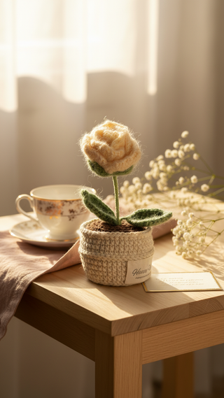 Handmade crochet flower in a pot on a wooden table with teacup and delicate decor