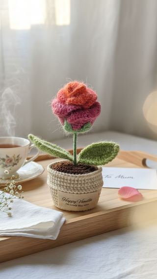 Handmade crochet rose flower in a yarn pot on a wooden tray, cozy home setting, gift for mum