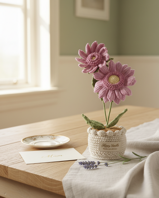 Handmade crochet flower arrangement in a pot beside a tea plate and a card labeled Mum