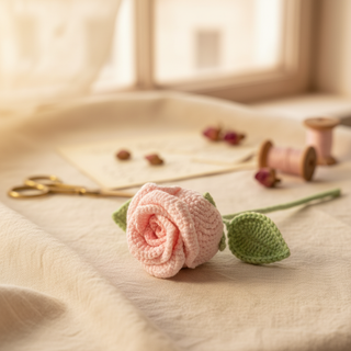 Handmade crochet pink rose with green leaves on a linen cloth, spools and scissors nearby