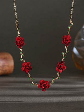 Rose Vine Micro Necklace – Burgundy – hand-crocheted burgundy micro-crochet necklace, front view