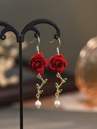 Rose Vine Pearl Micro Earrings – Burgundy – hand-crocheted burgundy micro-crochet earrings, front view